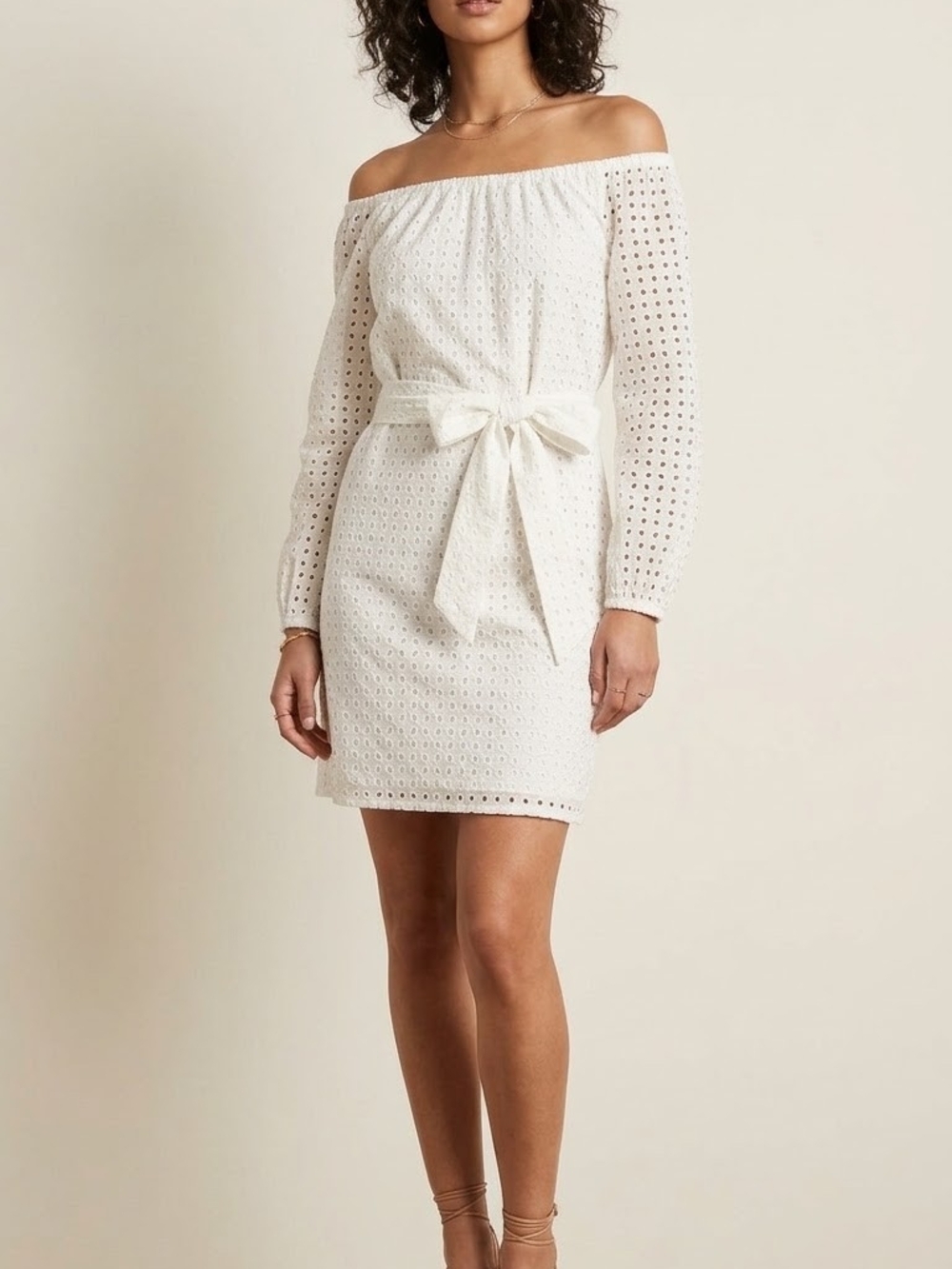 Michael Kors Off-Shoulder Eyelet Tie-Waist Dress in White